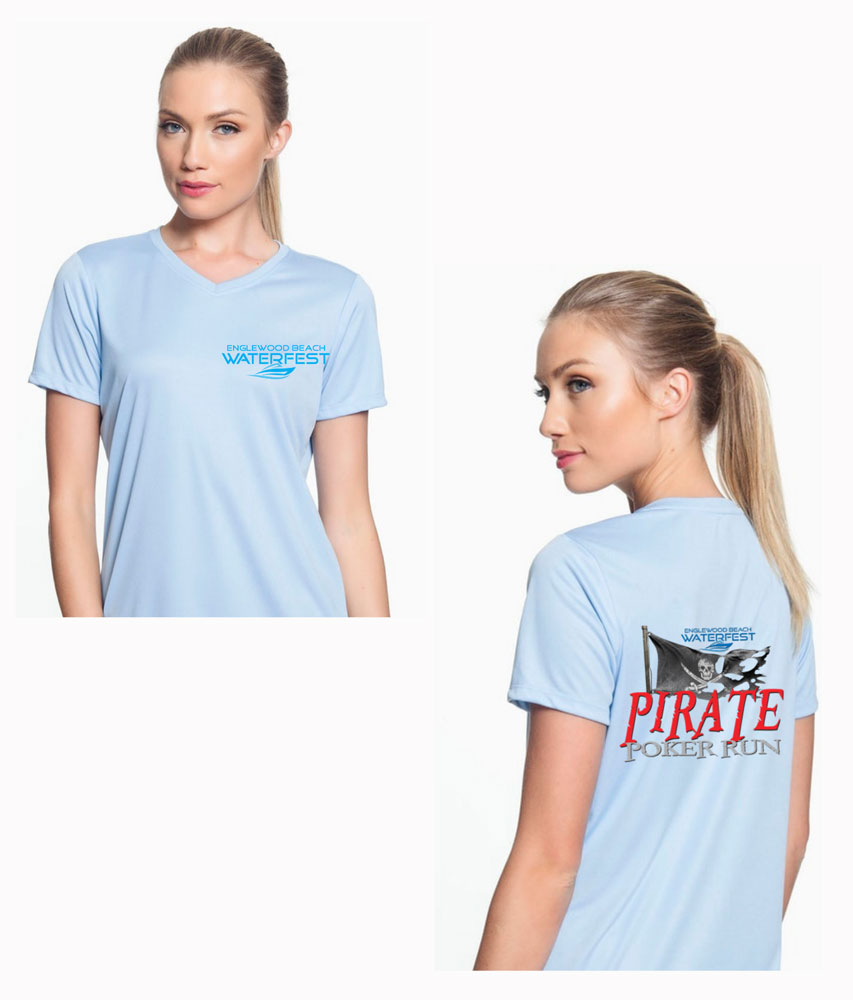 Young woman wearing light blue shirt with Pirate Poker Run logo on it