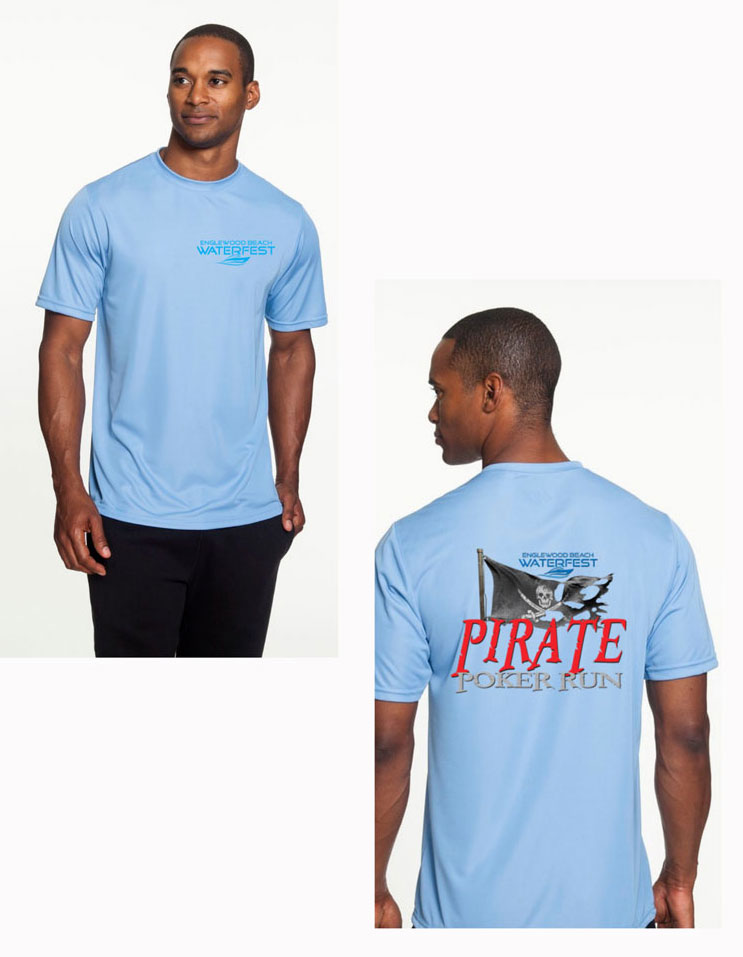 Young man wearing light blue shirt with Pirate Poker Run logo on it