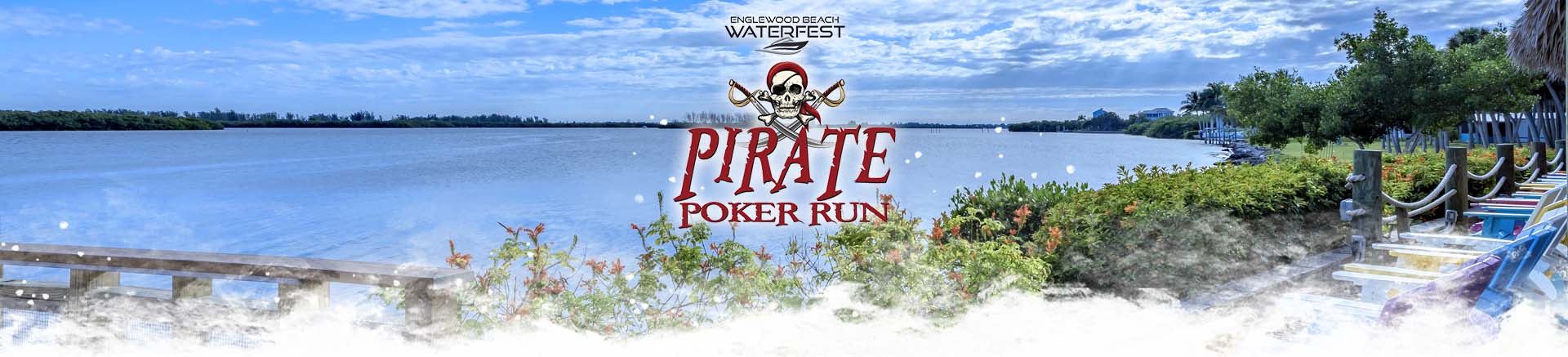 Pirate Poker Run logo with bay view in the background