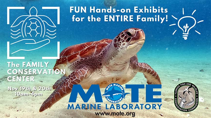 The Family Conservation Center, Nov 19th & 20th, 10am - 4pm. FUN Hands-on Exhibits for the ENTIRE Family! Brought to you by Mote Marine Laboratory and the Florida Fish and Wildlife Conservation Commission.