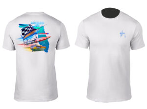 white short sleeve shirt with Englewood Beach Waterfest and OPA artwork(state of florida, powerboat and fish)