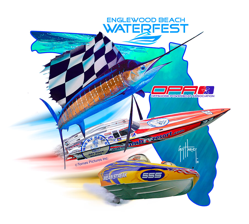 Englewood Beach Waterfest and OPA artwork (state of florida, powerboat and fish)
